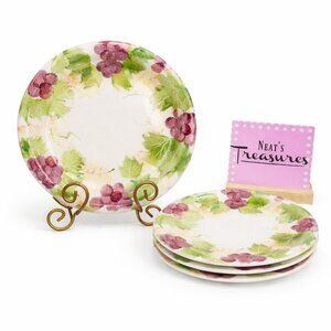 Gibson BELLAVINO Hand Painted Purple Grapes Green Stoneware  Dinner Plates Set 4